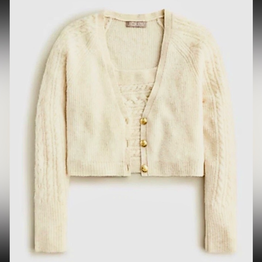J. Crew Super soft Cropped Cable Knit Sweater-Tank Set Cardigan HTHR Natural L